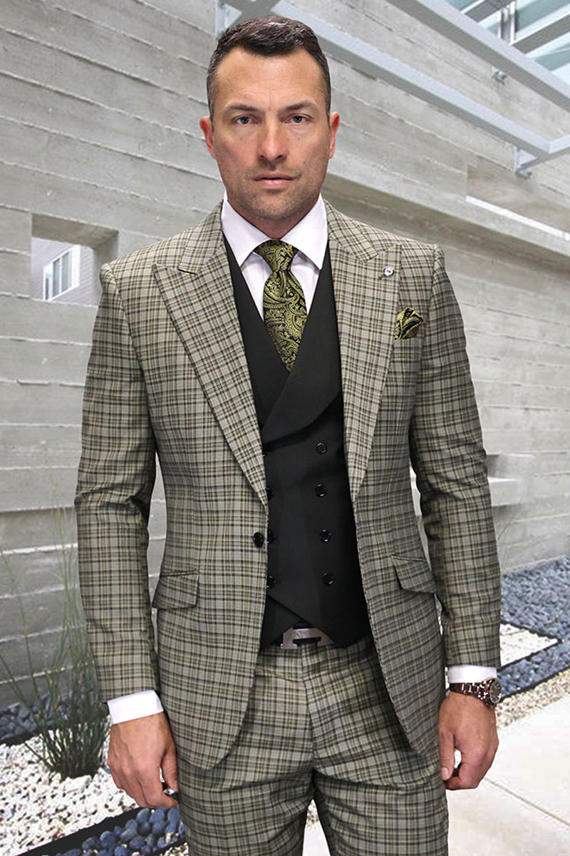 Men's Designer One Button Peak Lapel Vested Wool Suit in Olive Green Windowpane Plaid