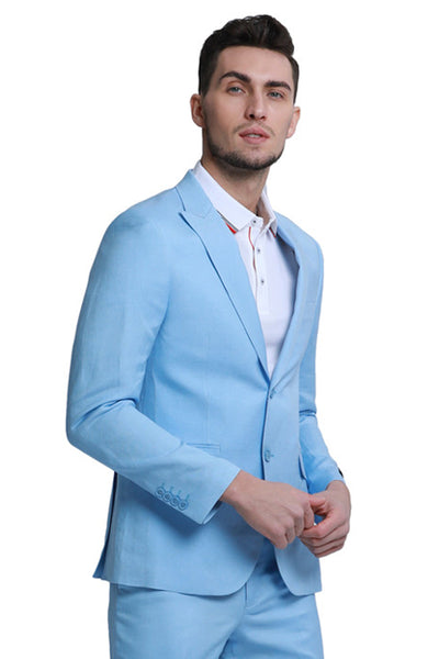 Men's Two Button Peak Lapel Summer Linen Style Beach Wedding Suit in Baby Blue