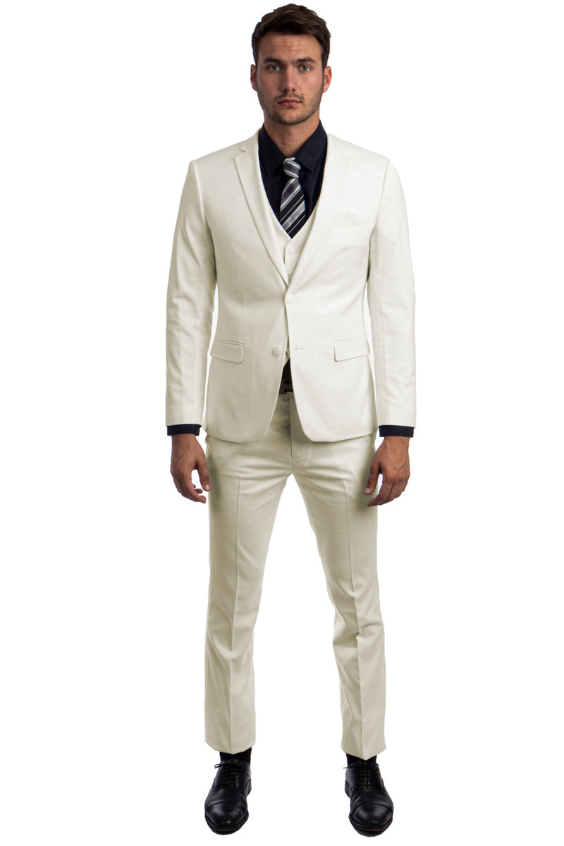 Men's Two Button Slim Fit Vested Solid Basic Color Suit in Ivory