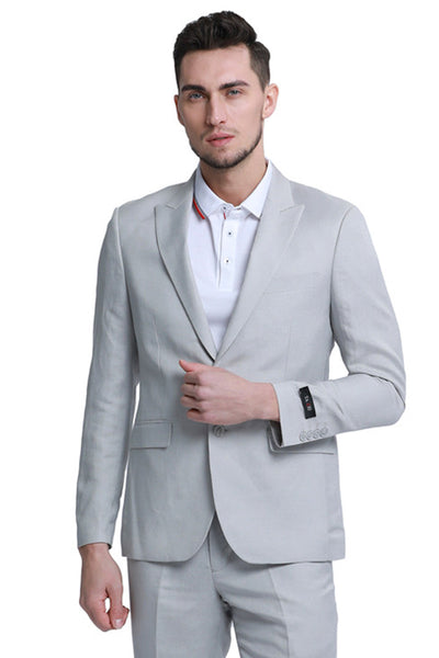 Men's Two Button Peak Lapel Summer Linen Style Beach Wedding Suit in Light Grey