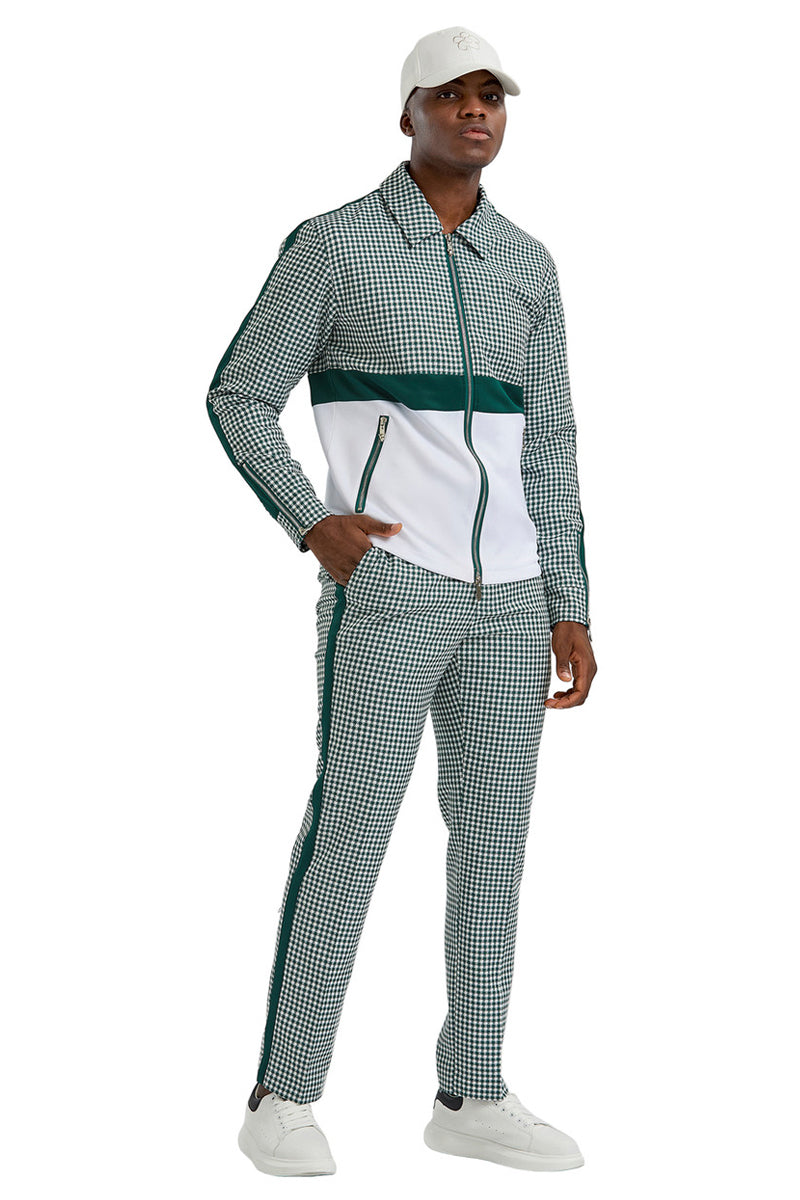 Men's Casual Walking Suit Jacket & Pant Set in Hunter Green Houndstooth