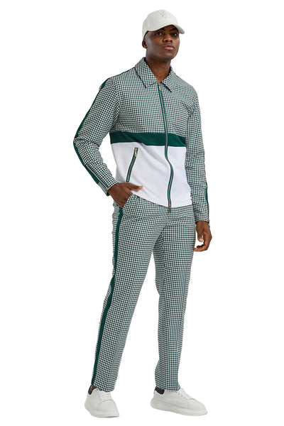 Men's Casual Walking Suit Jacket & Pant Set in Hunter Green Houndstooth