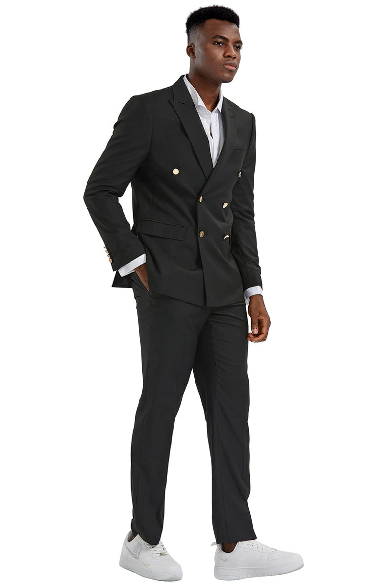 Men's Slim Fit Double Breasted Wedding Suit with Gold Buttons in Black