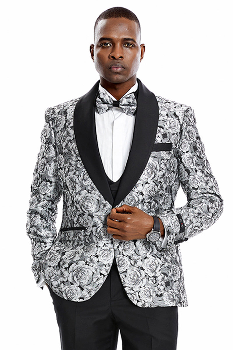 Men's One Button Slim Fit Shiny Paisley Floral Vested Prom Tuxedo in Silver