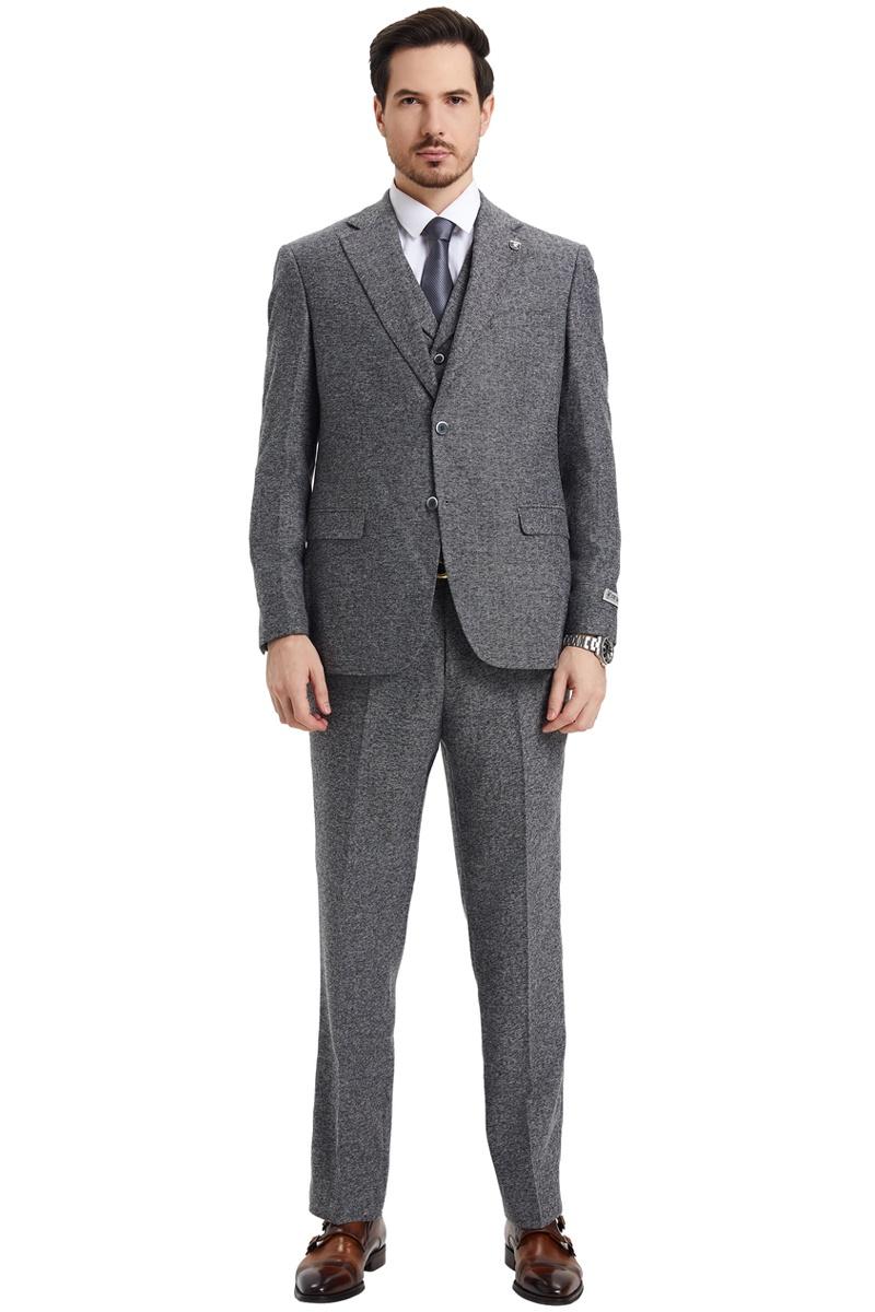 Men's Stacy Adams Vested Vintage Herringbone Tweed Suit in Grey
