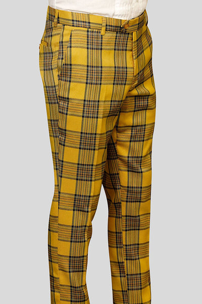 Men's 100% Wool Slim Fit Flat Front Dress Pant in Gold Plaid