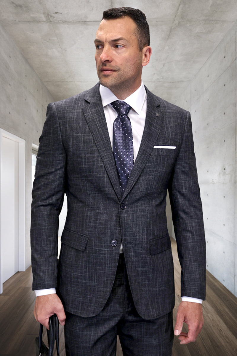 Men's Designer Modern Fit Wool Suit in French Blue Plaid with Contrasting Vest
