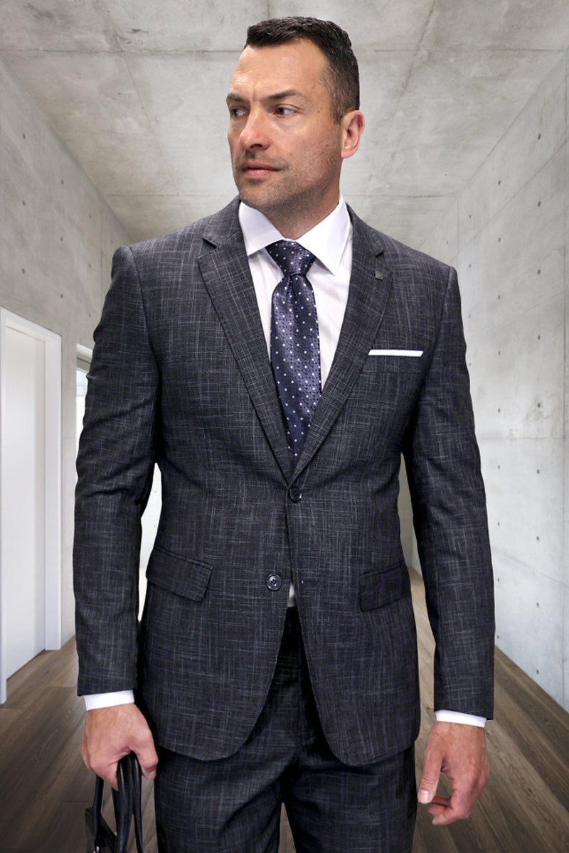 Men's Designer Modern Fit Italian Wool Suit in Carbon Grey Plaid