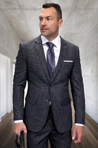 Men's Designer Modern Fit Italian Wool Suit in Carbon Grey Plaid