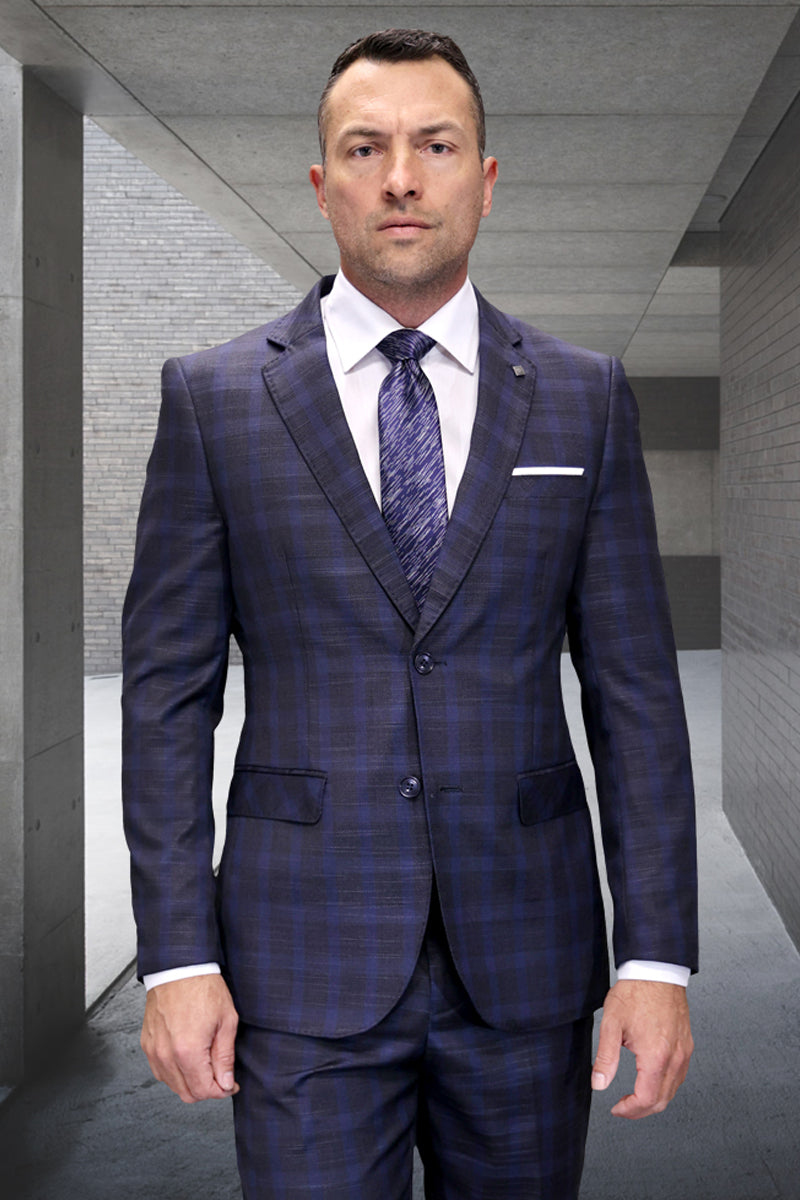 Men's Designer Wool Vested Modern Fit Windowpane Plaid Suit in Sapphire Blue main image 0