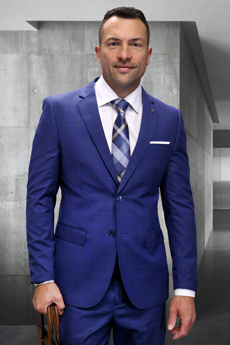 Men's Designer Modern Fit Italian Wool Suit in Indigo Blue Plaid