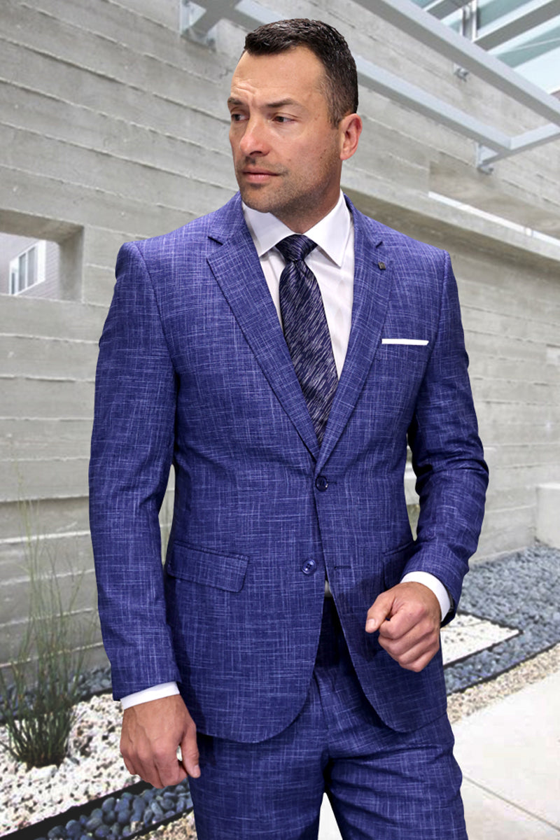 Men's Designer Modern Fit Italian Wool Suit in Sapphire Blue Plaid