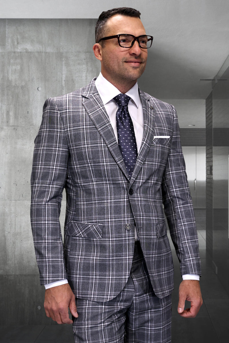 Men's Designer Modern Fit Italian Wool Suit in Taupe Plaid