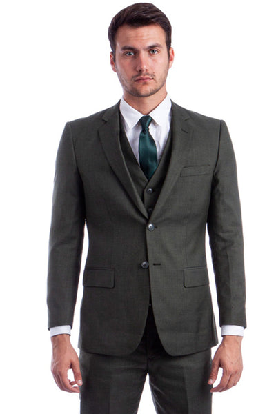 Men's Two Button Hybrid Fit Vested Sharkskin Wedding & Business Suit in Olive Green