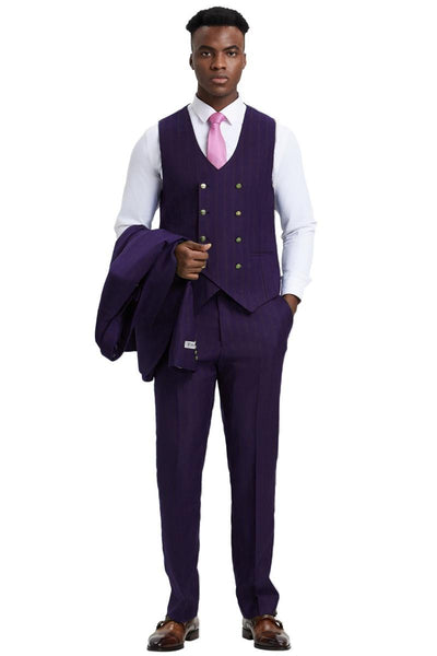 Men's Stacy Adams Vested One Button Side Peak Lapel Pinstripe Suit in Eggplant Purple
