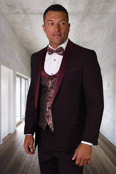 Men's Modern Fit Wedding & Prom Shawl Tuxedo with Matching Paisley Vest Set in Burgundy