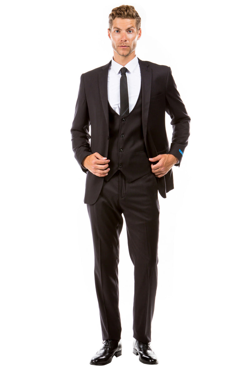 Men's Two Button Vested Hybrid Fit Micro Mini Pinstripe Business Suit in Black