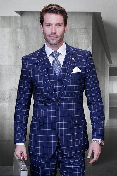 Men's Designer Two Button Vested Wool Suit in Sapphire Blue Windowpane Plaid