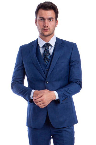 Men's Two Button Hybrid Fit Vested Sharkskin Wedding & Business Suit in Blue