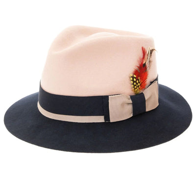 Men's Two Tone Trilby Fedora Dress Hat with Contrast Band in White & Navy