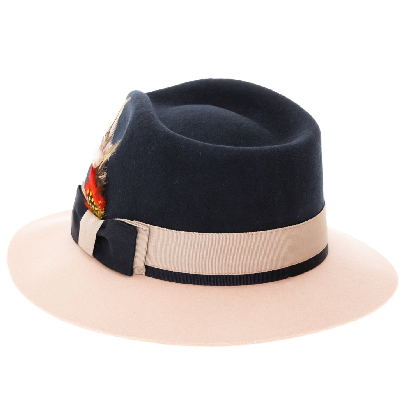 Men's Two Tone Trilby Fedora Dress Hat with Contrast Band in White & Navy