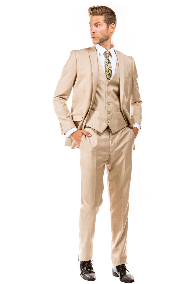 Men's Two Button Vested Business Sharkskin Suit in Dark Tan