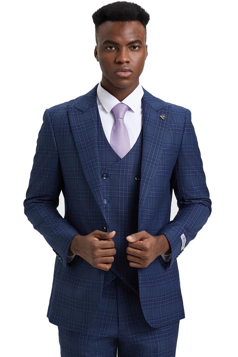 Rossiman Brand Black Suits - 1 Button Suit Peak Lapel Double Breasted Vest main image 0