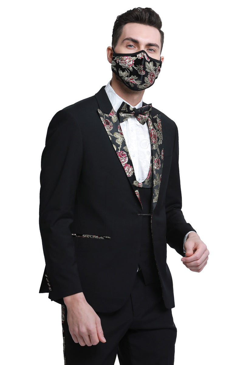 Men's One Button Vested Prom & Wedding Tuxedo in Black with Floral Peak Lapel