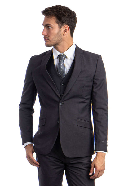 Men's Two Button Basic Hybrid Fit Vested Suit in Charcoal Grey