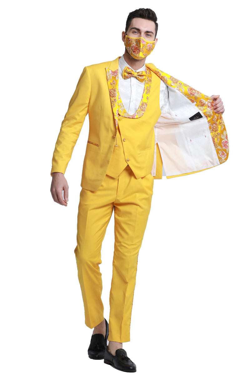 Men's One Button Vested Prom & Wedding Tuxedo in Yellow Gold with Floral Peak Lapel