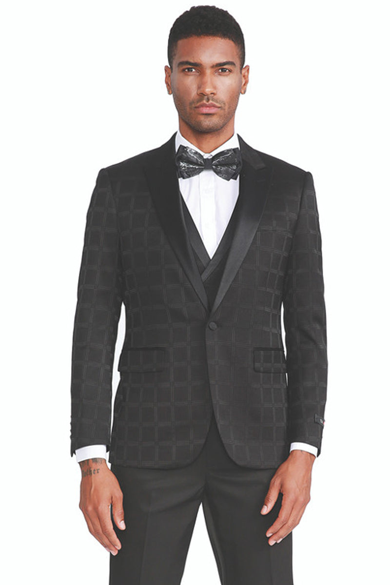 Men's One Button Peak Lapel Tuxedo with Double Breasted Vest in Black Plaid