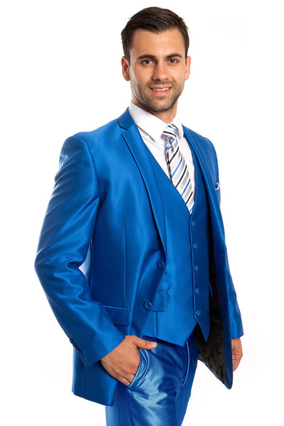 Men's Two Button Vested Shiny Sharkskin Wedding & Prom Fashion Suit in Royal Blue