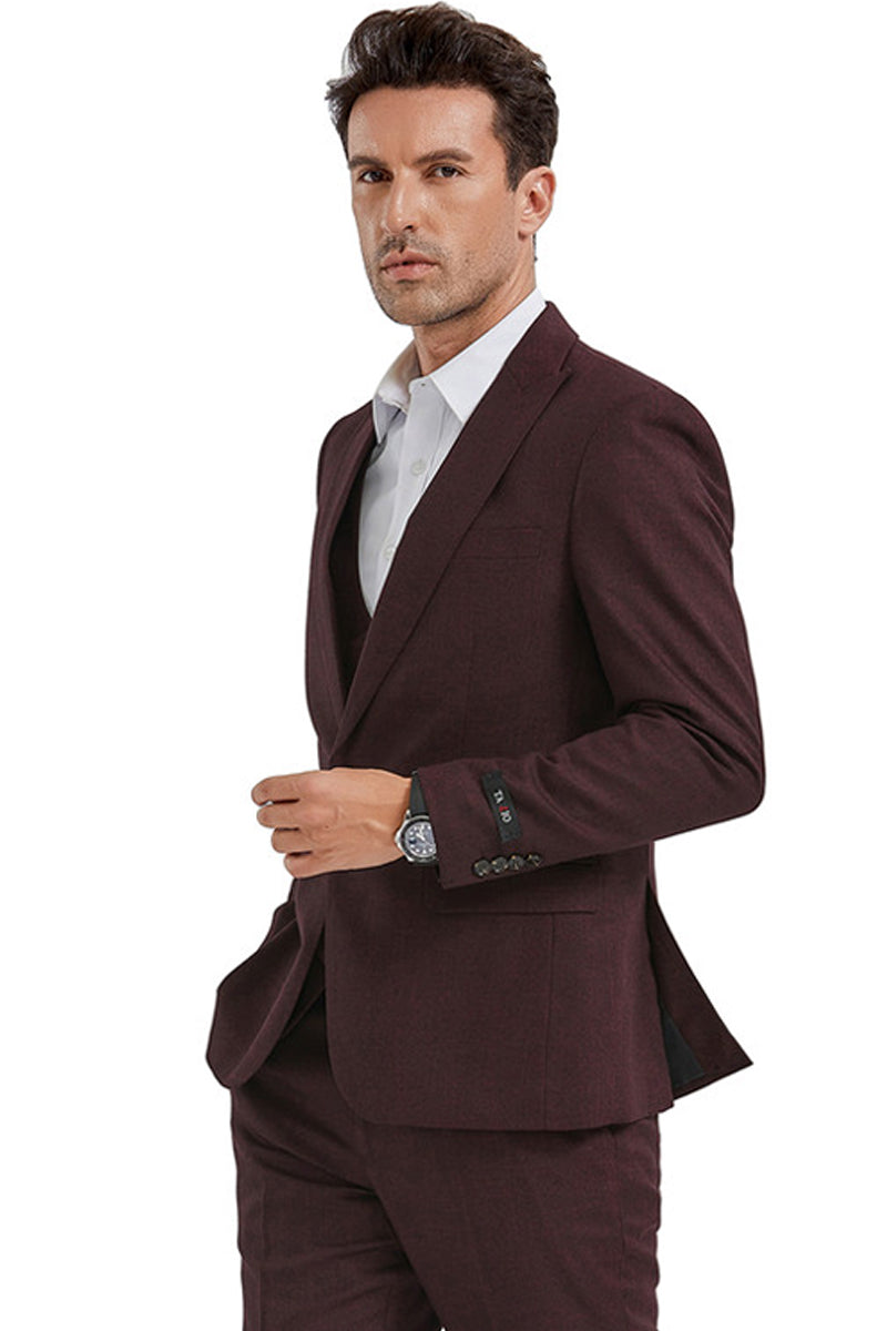 Men's Slim Fit One Button Peak Lapel Suit with Double Breasted Vest in Burgundy Sharkskin