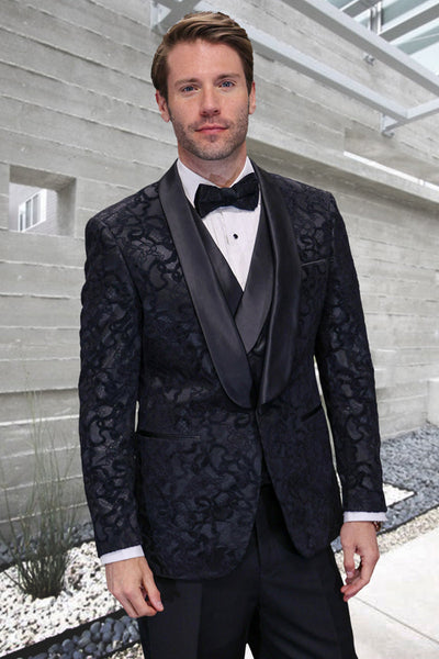 Men's Designer Vested Wedding & Prom Smoking Jacket Paisley Tuxedo in Black