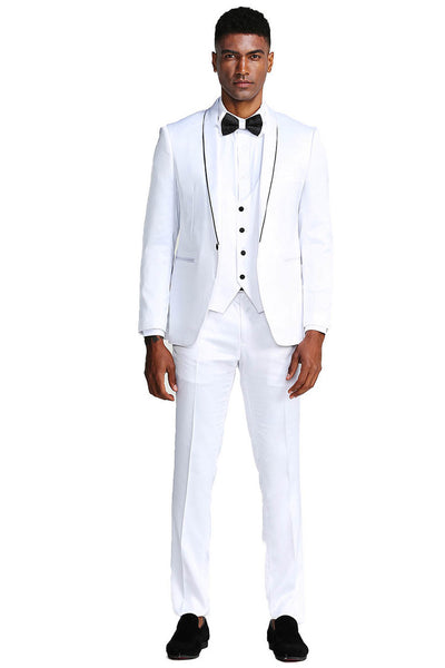 Men's Slim Fit Vested Shiny Satin Prom & Wedding Tuxedo Suit in White