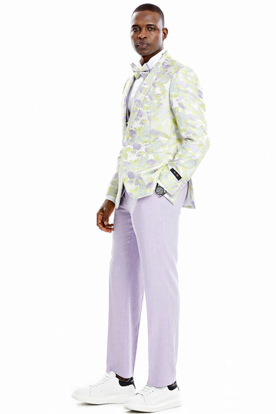 Men's One Button Vested Water Color Tulip Floral Print Wedding Dinner Jacket Tuxedo Suit in Lilac