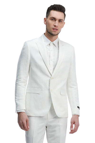 Men's Two Button Peak Lapel Summer Linen Style Beach Wedding Suit in White
