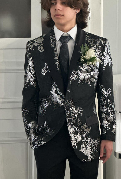 Men's Shawl Collar Wedding Tuxedo Blazer in Black with Silver Foil Paisley