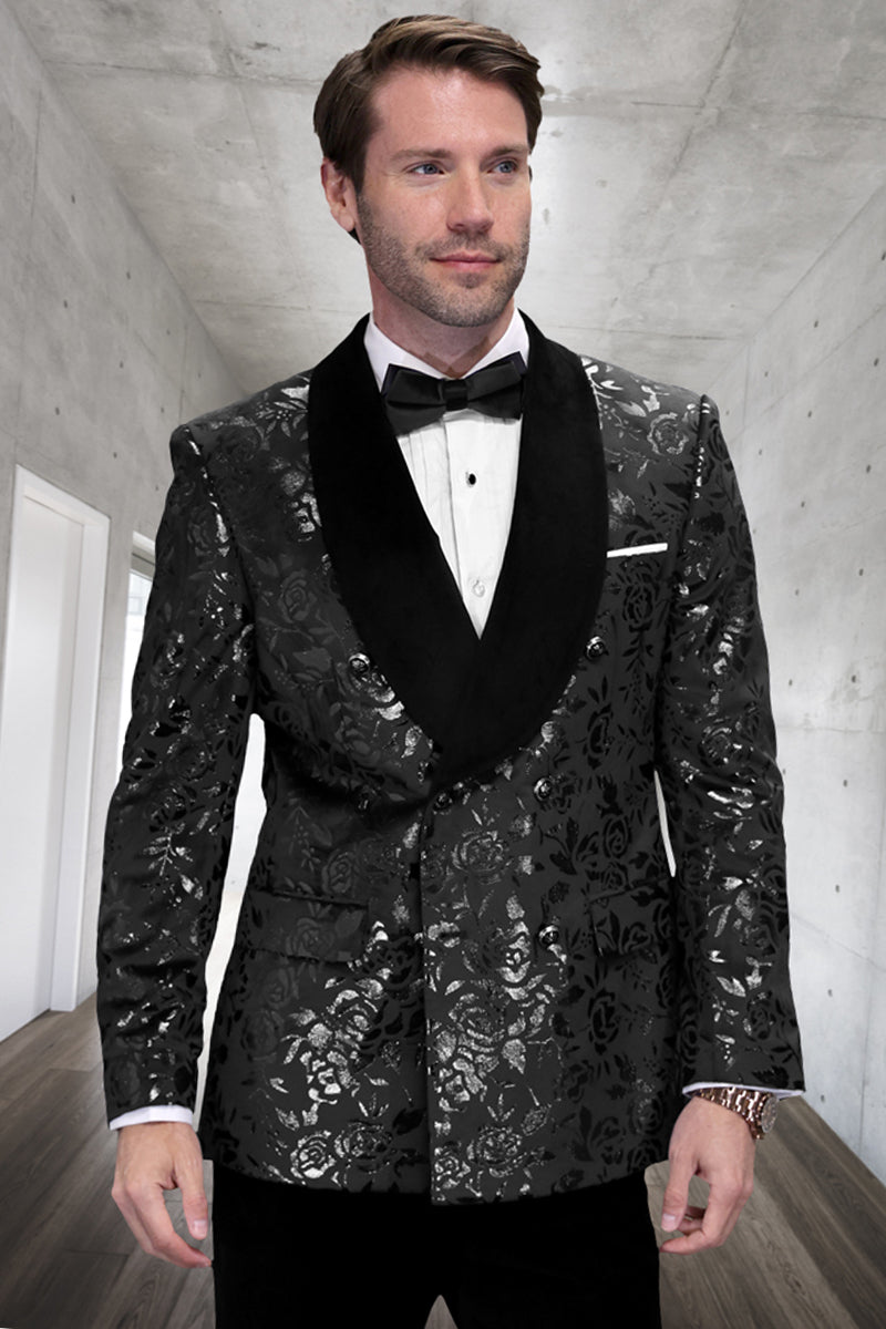 Men's Double Breasted Foil Paisley Dinner Jacket Prom & Wedding Tuxedo in Black