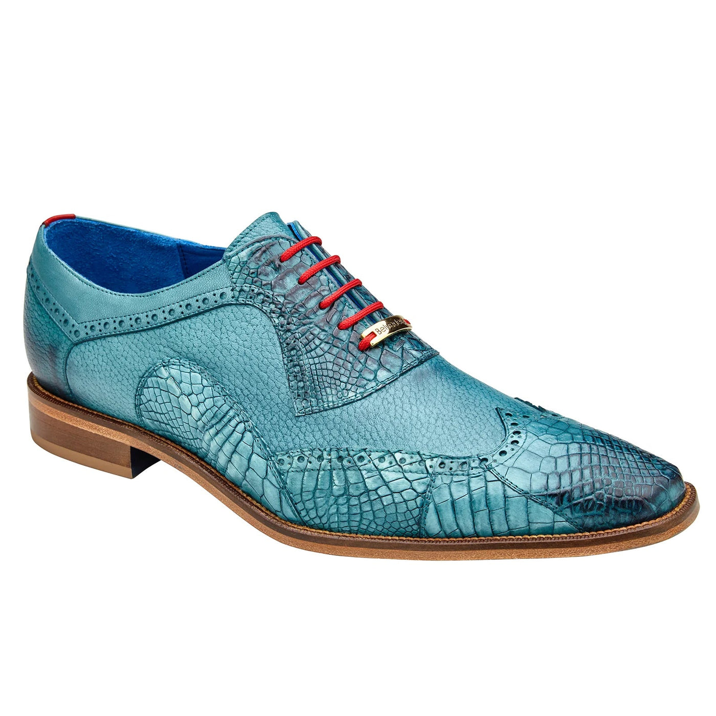 Men's Belvedere Roberto Calf & Alligator Wingtip Dress Shoe in Antique Aqua Blue