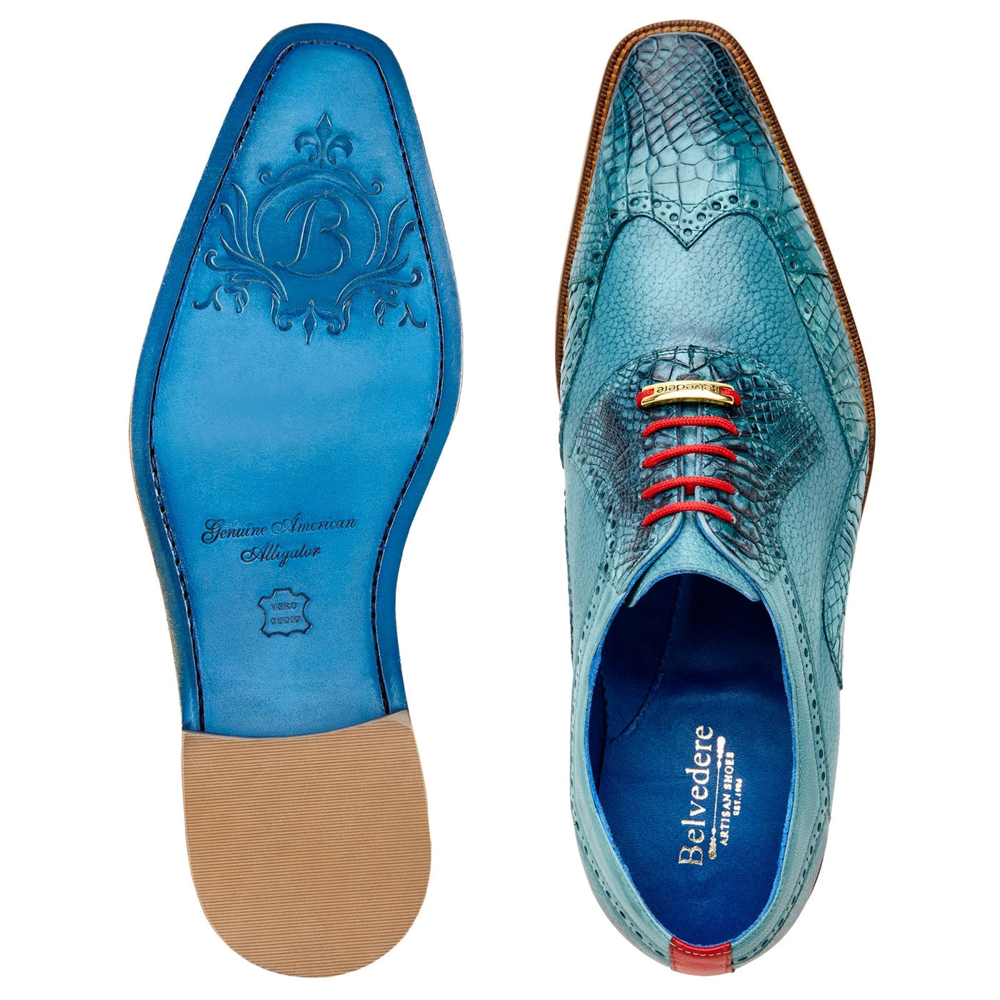 Men's Belvedere Roberto Calf & Alligator Wingtip Dress Shoe in Antique Aqua Blue
