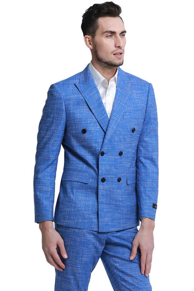 Men's Slim Fit Double Breasted Summer Sharkskin Suit in French Blue