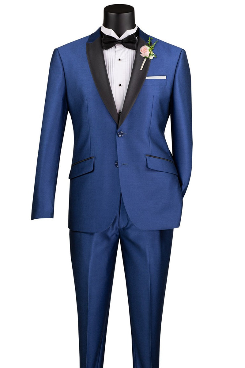Men's 2 Button Slim Fit Peak Shawl Tuxedo in Navy Blue