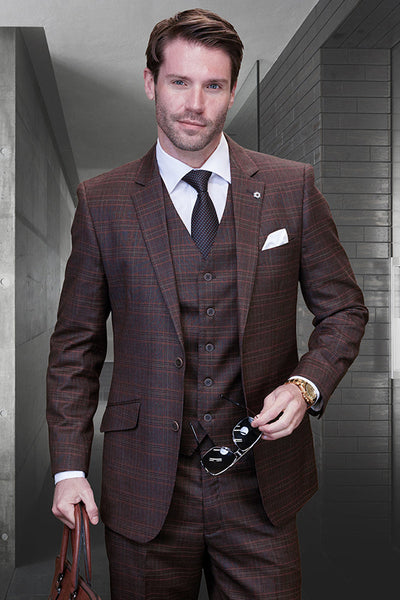 Men's Modern Fit Vested Wool Suit in Copper Plaid