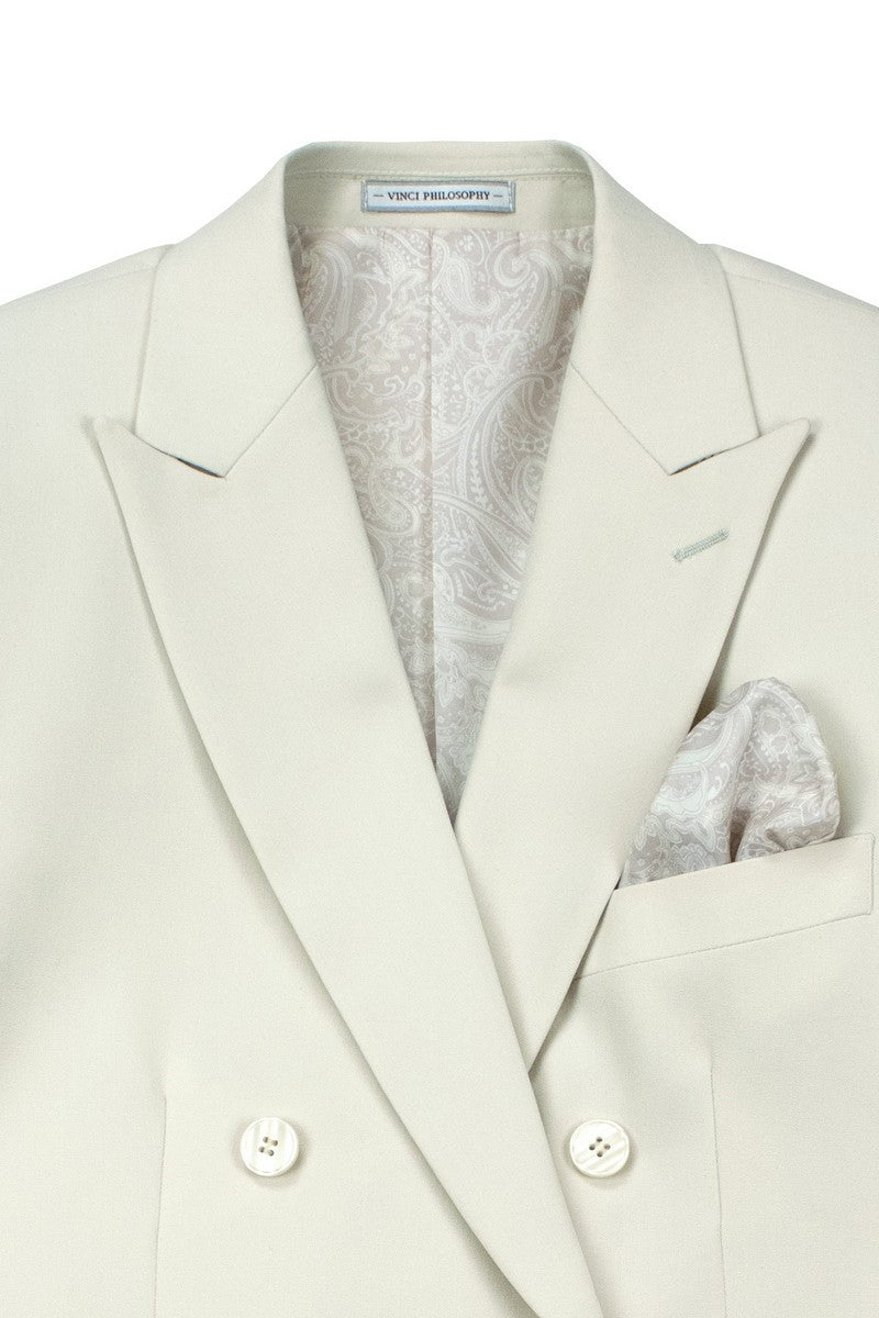 Men's Slim Fit Double Breasted Stretch Suit in Ivory Off White