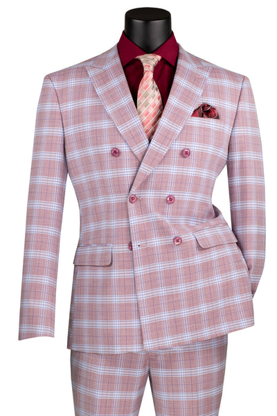 Men's Slim Fit Double Breasted Suit in Rose Pink Windowpane Plaid