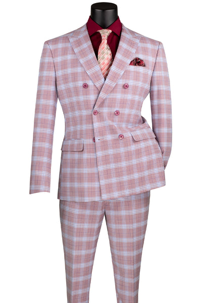 Men's Slim Fit Double Breasted Suit in Rose Pink Windowpane Plaid