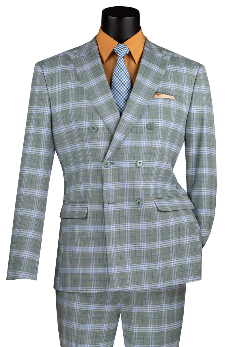 Men's Slim Fit Double Breasted Suit in Sea Green Windowpane Plaid