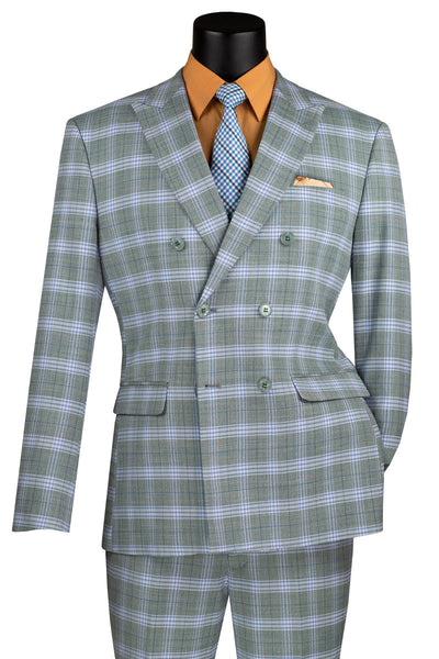 Men's Slim Fit Double Breasted Suit in Sea Green Windowpane Plaid