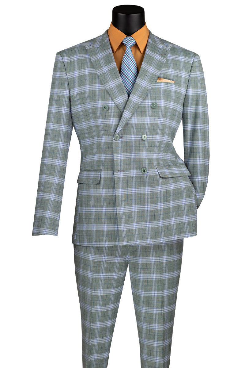 Men's Slim Fit Double Breasted Suit in Sea Green Windowpane Plaid